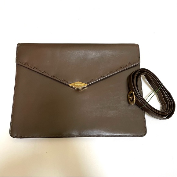 VTG Salvatore Ferragamo Leather Covertible Envelope Bag Purse Brown w Box - Picture 3 of 13